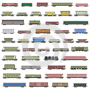 Vector set of isolated railway trains, railcars, waggons, vans