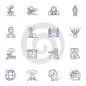 Traipsing line icons collection. Trekking, Hiking, Wandering, Roaming, Exploring, Moseying, Sauntering vector and linear