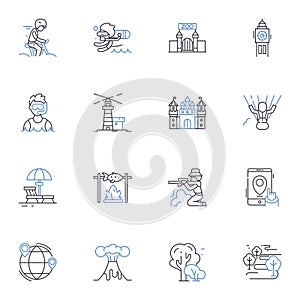 Traipsing line icons collection. Trekking, Hiking, Wandering, Roaming, Exploring, Moseying, Sauntering vector and linear photo