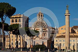 Trajan Column, Santa Maria de Loreto church and Chiesa del Santissimo Nome di Maria in Trajan's Forum. Rome, Italy