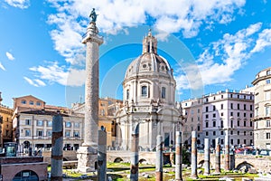 Trajan`s Column and Church of the Most Holy Name of Mary, Rome, Italy