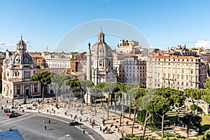 Trajan`s Column and Church of the Most Holy Name of Mary, Rome, Italy