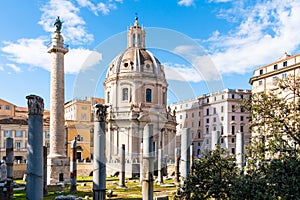 Trajan`s Column and Church of the Most Holy Name of Mary, Rome, Italy