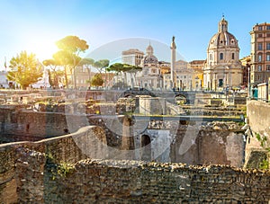 Trajan`s Column and Santa Maria di Loreto church