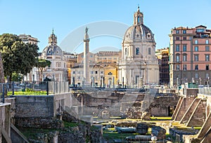 Trajan`s Column and Santa Maria di Loreto church