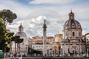 Trajan`s Column and St Peter`s Basilica, Rome, Italy