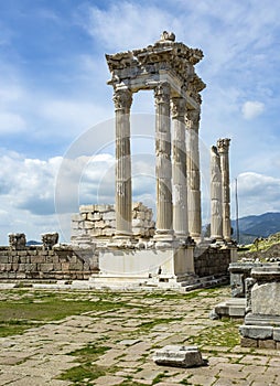 Trajan Temple columns in ancient city of Pergamon, Turkey