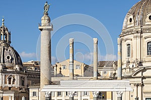 Trajans column. Ancient Rome cityscape landmark. Roman forum monument. Italy