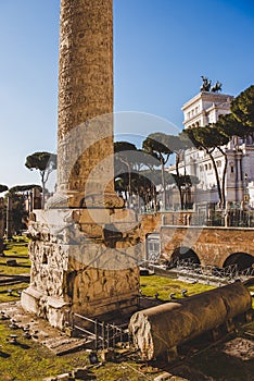 Trajans Column near roman forum ruins,