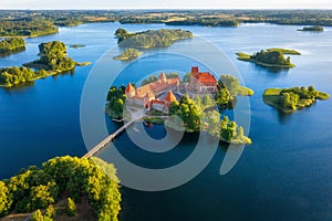 Trakai castle in Lithuania aerial view. Green islands in lake in Trakai near Vilnius