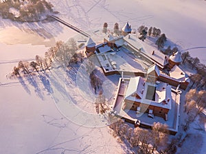 Trakai castle at winter, aerial view of the castle
