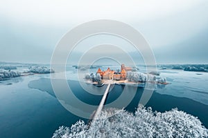 Trakai Island Castle and frosty trees, Lithuania