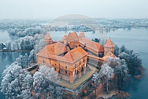 Trakai Island Castle and frosty trees, Lithuania