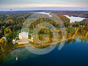 Trakai, Lithuania: Aerial UAV top view of Uzutrakis Palace