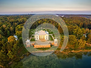 Trakai, Lithuania: Aerial UAV top view of Uzutrakis Palace