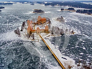 Trakai, Lithuania: aerial winter UAV top view, flat lay of gothic Island Castle