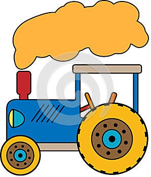 Blue Tractor with a cloud of smoke