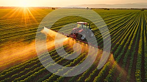 Traktor during spraying chemicals in the field.