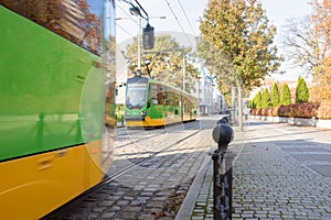 Tram blurred by motion, abstract photo, public transportation in Poznan, Poland.