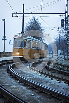 Tram in Budapest on a foggy morning