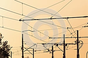 Tram  cables at sundown.Tramway overhead traction photo. Electric, transport wires photography.  Transportation infrastructure at