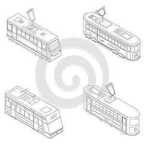 Tram car icon set vector outline