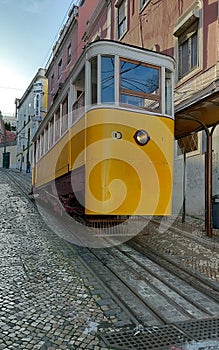 Tram car at the lower station of the The Gloria Funicular, Ascensor da Gloria, Lisbon, Portugal photo