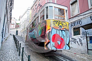 Tram car at the lower station of the The Gloria Funicular, Ascensor da Gloria, Lisbon, Portugal photo