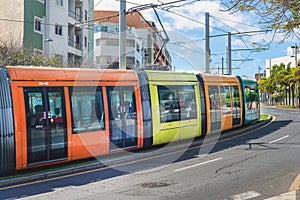 Tram circulating through the center of Santa Cruz de Tenerife city. Canary Islands