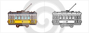 Tram coloring page for kids. Tram side view