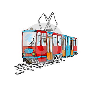 Tram isolated on white background. Cartoon city public transport.