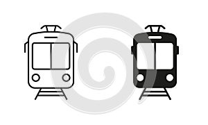 Tram Line and Silhouette Black Icon Set. Streetcar, Tramway Pictogram. Stop Station for City Electric Public Vehicle