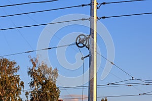 Tram line tensioning system. Compensatory tram contact wires device photo