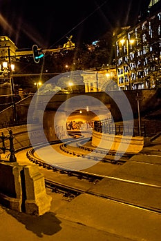 Tram line and the tunnel at night