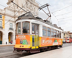 A Tram in Commerce Square, Lisbon.