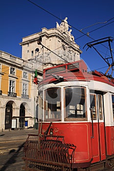 Tram and the Praca de Commercio - Commerce Square, Downtown Lisbon, Portugal.