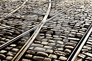 Tram rails on the cobblestones of the street