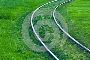 Tram rails covered with green grass