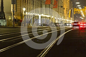 Tram rails in historic Munich, Germany