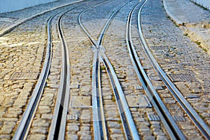 Tram rails in Lisbon, Portugal