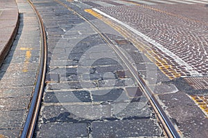 Tram rails and pavement