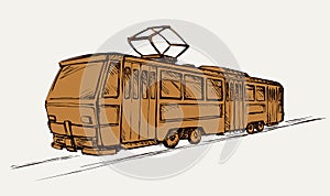 Tram rides on rails. Vector drawing
