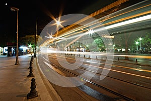 Tram route lights at night