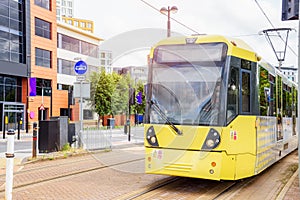 Tram running through a residential district