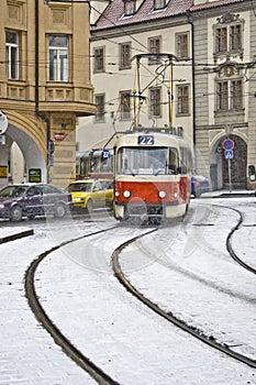 Tram in snowfall