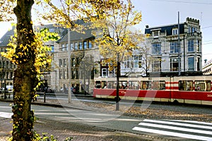 Tram at stop in The Hague, Netherlands