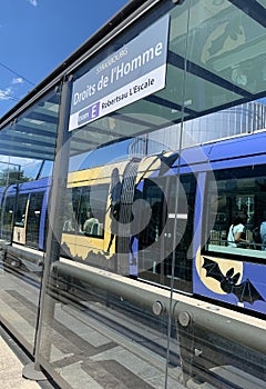 Tram at a stop near the building of the European Court of Human Rights. Strasbourg, France