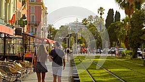 Tram tracks in the city centre of Nice - CITY OF NICE, FRANCE - JULY 10, 2020