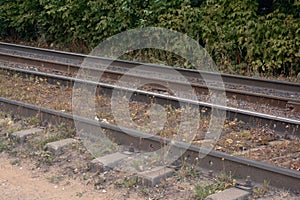 Tram tracks in sand and grass