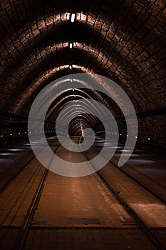 Tram tunnel in Bratislava illuminated with lights